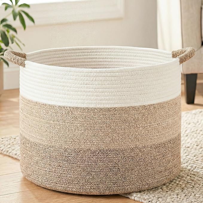 100L Large Cotton Rope Basket, Decorative Woven Blanket Storage for Living Room, Boho Toy Storage & Toy Box for Kids, Versatile Laundry Basket & Nursery Hamper for Blankets(BrownYellow)