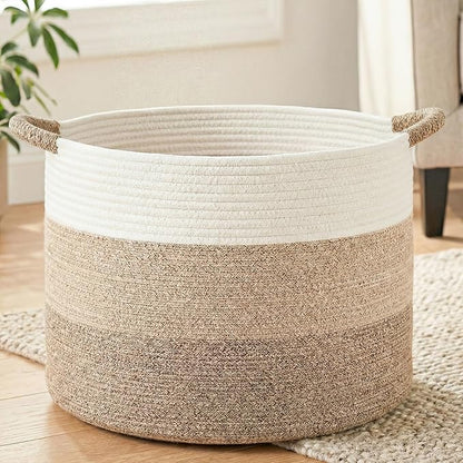 70L Large Cotton Rope Basket, Decorative Woven Blanket Storage for Living Room, Boho Toy Storage & Toy Box for Kids, Versatile Laundry Basket & Nursery Hamper for Blankets(BrownYellow)