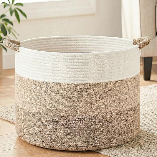 70L Large Cotton Rope Basket, Decorative Woven Blanket Storage for Living Room, Boho Toy Storage & Toy Box for Kids, Versatile Laundry Basket & Nursery Hamper for Blankets(BrownYellow)