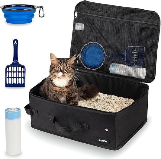 Portable Cat Travel Litter Box with Lid and 10 Pcs Disposable Liner Bags, Leak-Proof & Collapsible, Easy Clean Odor-Control Cat Travel Essentials for Car, Hotel, Airplane, Camping,Trips Black