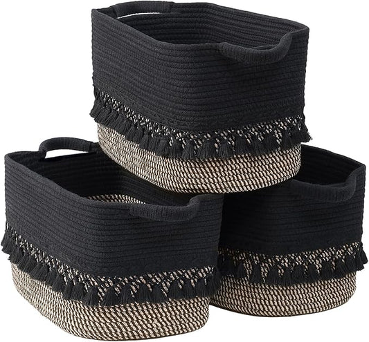 2 Pack Storage Basket for Shelves, Boho Cotton Rope Storage Bins with Heavy Tassel, Shelf Baskets Large Woven Baskets for Organizing, Cube Organizer Bins, Baby Laundry Basket for Clothes, Toys, Pets
