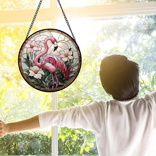 Stained Glass Window Hanging, Flamingo Flower Sun Catchers Diamond Glass Panel Hangings Pink Suncatcher Decor for Birthday for Women, Men, Wife, Aunt, and Mom 9.8 in