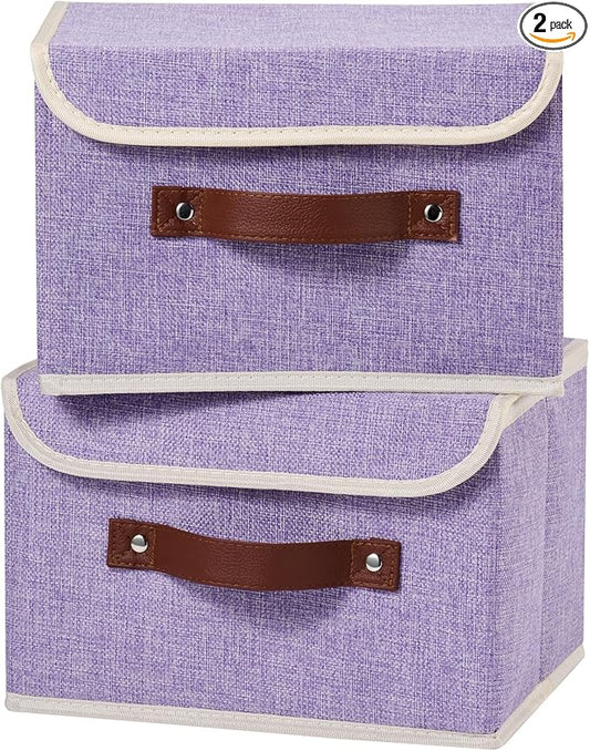 2PCS Storage Boxes with Lid Cotton Linen Fabric Storage Bins Organizer Container Decorative Collapsible Washable Shelf Closet Baskets Faux Leather Handles Home Bedroom (Purple, Small)