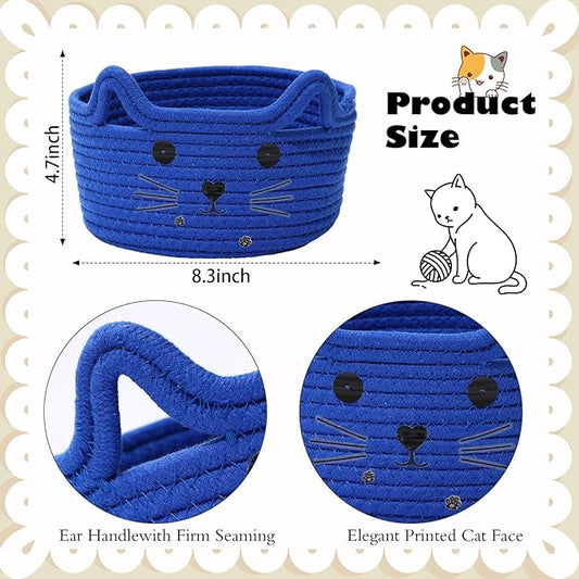 Zopeal Cat Basket Storage Woven Organizer with Ears Easter Decorative Pet Toy Cute Cotton Rope Basket for Gift Cat Dog Toy Bin Nursery Room(8.3 x 4.7 Inch,Royal Blue)