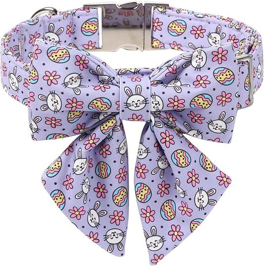 Maca Bates Easter Day Egg Dog Collar with Sailor Bow Tie for Extra Small Girl Boy Dogs, Purple Cute Bunny Rabbit Pattern,Adjustable Durable Soft Breakaway Collars for Male Female Puppy