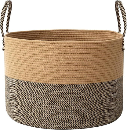 65L Extra Large Blanket Basket for Living Room - Woven Cotton Rope Laundry Hamper with Reinforced Handles - Storage Bin for Pillows, Comforters & Toys - Machine Washable,Jute&Black