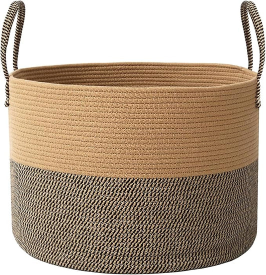 65L Extra Large Blanket Basket for Living Room - Woven Cotton Rope Laundry Hamper with Reinforced Handles - Storage Bin for Pillows, Comforters & Toys - Machine Washable,Jute&Black
