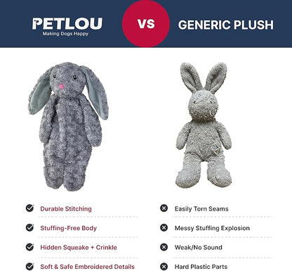 Pet Lou Floppy Rabbit Stuffingless Plush Dog Toy with Squeaker and Crinkle Paper, Dog Chew Toys, 19 Inch Durable Dog Toys for Medium and Large Dogs, Gray