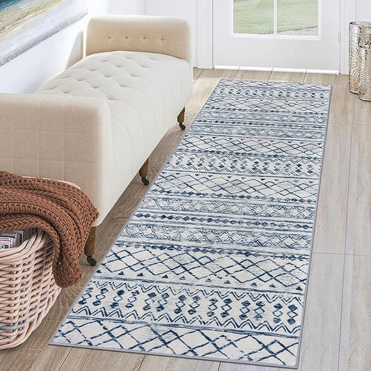 KUTA Moroccan Washable Runner Rug, 2x6 Non-Slip Vintage Blue White Boho Hallway Kitchen Rugs Ultra Soft Distressed Geometric Floor Carpet Runners for Bedroom Laundry Living Room