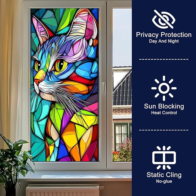 Stained Glass Window Film 17.7 x 39.3 Inch Colorful Cat Window Privacy Film Stained Decals Static Cling Sun Blocking Decor for Home Office Windows Doors Glass Partitions 17.7x39.3 inch