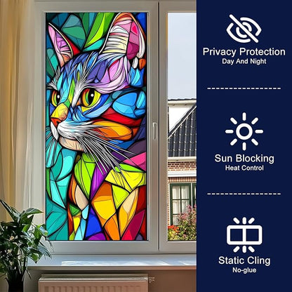 Stained Glass Window Film 17.7 x 39.3 Inch Colorful Cat Window Privacy Film Stained Decals Static Cling Sun Blocking Decor for Home Office Windows Doors Glass Partitions 17.7x39.3 inch