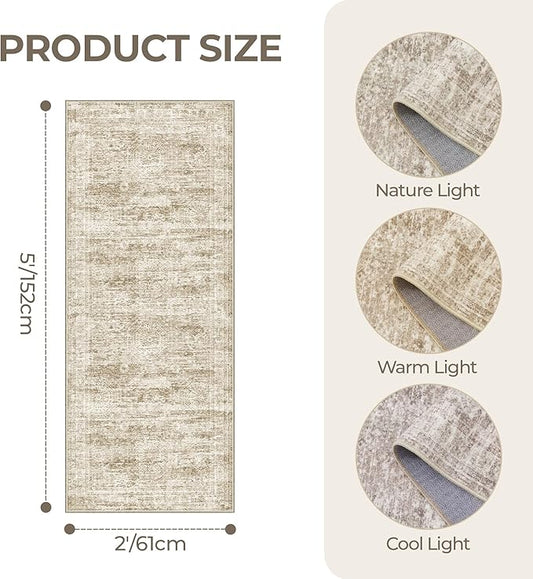 2x5 Rug Runner Washable for Entryway, Soft Bathroom Rugs with Non-Slip Backing, Abstract Low Pile Hallway Runner, Vintage Small Kitchen Carpet for Stair, Laundry Room(2'x5', Brown/Ivory)