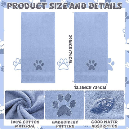 2 Pcs Dog Paw Hand Towels Blue Bathroom Decor 13 x 29 Inch 100% Cotton Embroidered Hand Towels Soft Absorbent Farmhouse for Kitchen Restroom