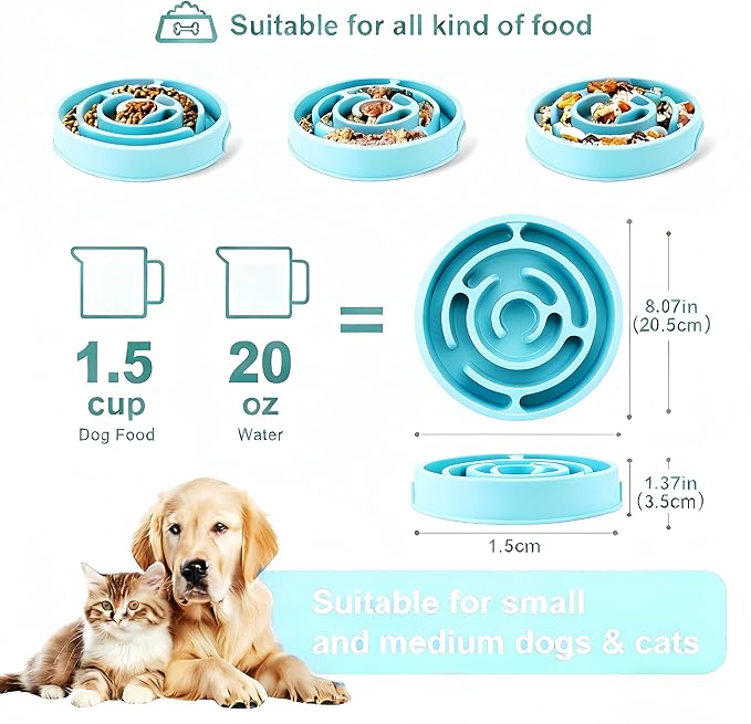 Pet Slow Feeder Bowl - Anti-Choking Maze Design, Universal for Dogs & Cats, Anti-Slip & Anti-Tip (Bowl-Light Blue)