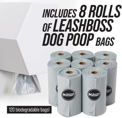 Leash Boss Dog Poop Bag Dispenser Wall Mount with Container for Extra Storage, Doggy Bag Holder for Pet Waste Stations, Includes 8 Rolls (120 Bags) of Unscented Pet Waste Bags