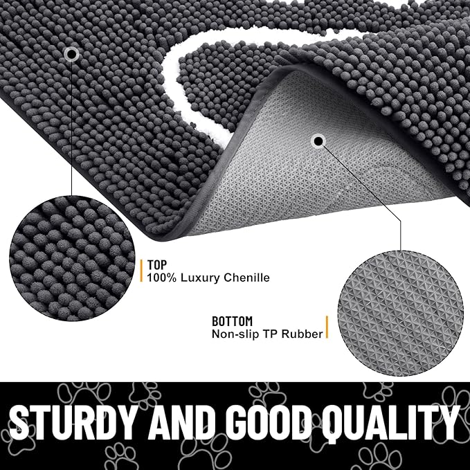 Smiry 2 Piece Dog Door Mat for Muddy Paws, Absorbent Dirt Trapper Non Slip Quick Dry Washable Chenille Mat for Mud Dogs, Entry Rug for Indoor and Outdoor (30x20 Inches, Dark Grey)