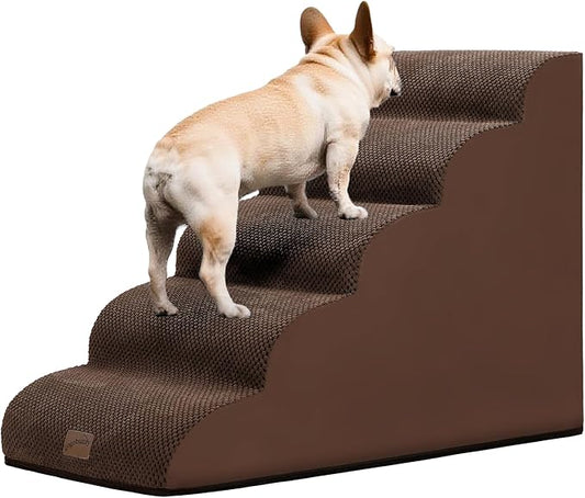 gogobunny Ramp Cat Dog Stairs for Beds, Cat Slope Stairs with Durable Waterproof Fabric Cover, Pet Steps for Old Large Dogs Climbing (Brown, 5-Step (33" D x 15.7" W x 22.6" H), 5.0)