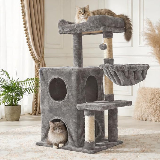 Fansafurn Cat Tree Tower for Indoor Cats, 36-inch Adult Cat Tree House for Large Adult Cats with Steps, Scratching Post, 2 Cat Condo, Dangling Toys, Light Grey
