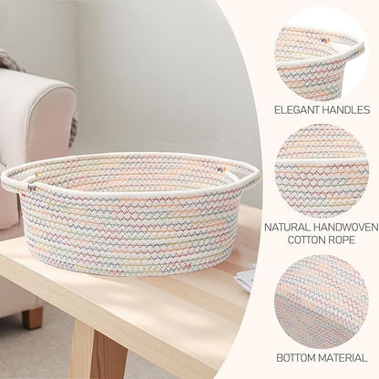 Woven Basket,Small Rope Storage Bin with Handles & Ribbon Bag, Organizer for Shelves Closets,Gift Basket Empty for Birthday,Books,Dog Toys, Colorful/2 Pack