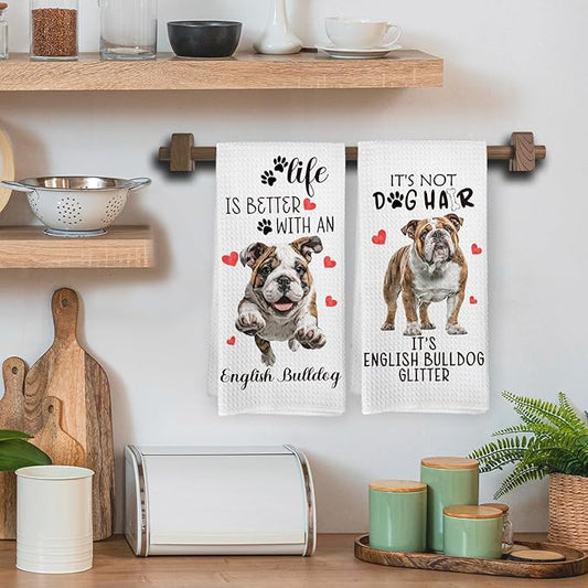 English Bulldog Gifts Kitchen Towels Set of 2, English Bulldog Decor, Dog Funny Hand Towels for Kitchen Bathroom Decor, Gifts for Dog Lovers Owners Women Men Dishcloths Dish Towel 16X24 Inches