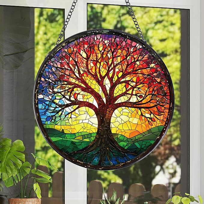 Tree of Life Sun Catchers Stain Glass Window Hanging Indoor, 7.8″ Stained Glass Window Hanging Home Decor, Suncatcher Wall Art Gift for Women Thanksgiving Christmas Housewarming