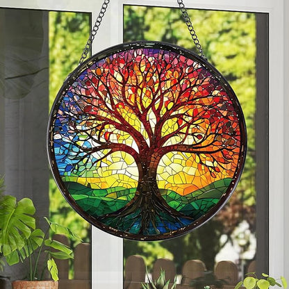 Tree of Life Sun Catchers Stain Glass Window Hanging Indoor, 7.8″ Stained Glass Window Hanging Home Decor, Suncatcher Wall Art Gift for Women Thanksgiving Christmas Housewarming