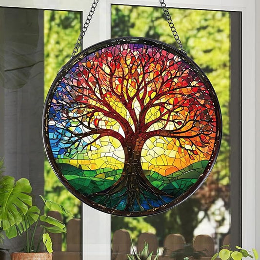 Tree of Life Sun Catchers Stain Glass Window Hanging Indoor, 7.8″ Stained Glass Window Hanging Home Decor, Suncatcher Wall Art Gift for Women Thanksgiving Christmas Housewarming