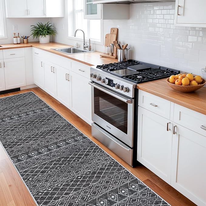 Washable Runner Rugs 3x16 - Long Hallway Runner Rug Low Pile Rug with Non Slip Backing Floor Mat Moroccan Indoor Carpet for Kitchen Bedroom Entryway 3x16 Black