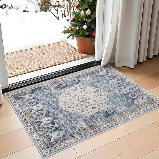 Washable Living Room Area Rug - 2x3 Small Bedroom Rugs Vintage Rustic Style Carpets with Non Slip Backing Distressed Floor Mat for Dining Room Kitchen Bathroom (Aqua Blue, 2'x3')