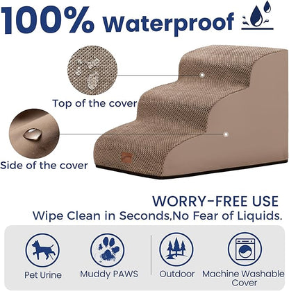 GoGoBunny Ramp Dog Stairs for Couch Sofa and Chair 15.7" H, 3-Step Pet Steps for Small Dogs and Cats, Non-Slip Waterproof Fabric Cover, Stable and Balanced Indoor Step, Pets Friendly, Camel