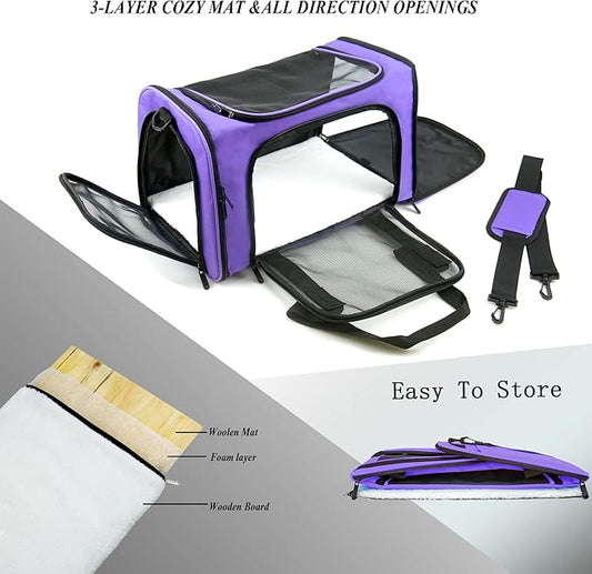 Soft Sided Carrier for Small Medium Cats Dogs,Removable Pad Collapsible Travel Pet Carrier Large Purple