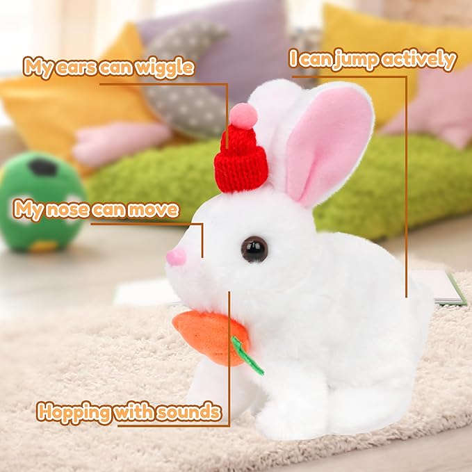 Easfan Bunny Plush Jumping Spotted White Rabbit with Hat Hopping Ears Nose Moving Educational Plush Toy Singing Shaking Glowing Interactive Toy Electric for Toddlers Kids