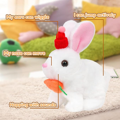 Easfan Bunny Plush Jumping Spotted White Rabbit with Hat Hopping Ears Nose Moving Educational Plush Toy Singing Shaking Glowing Interactive Toy Electric for Toddlers Kids