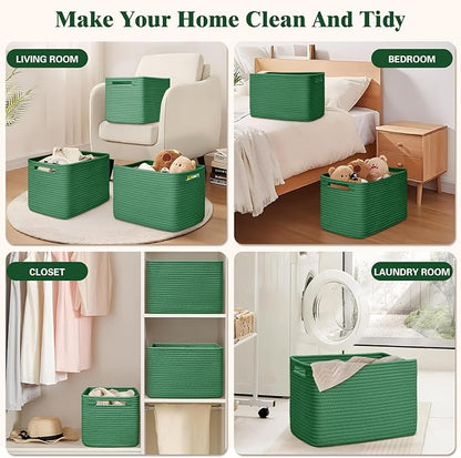 Storage Baskets for Organizing, 4 Pack Baskets for Shelves, Decorative Storage Bins for Shelves, Cotton Rope Storage Basket with Handles, Woven Basket for Storage, 13''Lx8.7''Wx7.9''H, Green