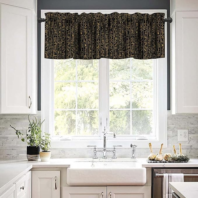 Vintage Ancient Egypt Valance Curtains, Old Egypt Golden Hieroglyphics Print African Pharaoh Theme Ethnic Religion Window Valance Curtain for Farmhouse Bedroom Living Room Kitchen 54x18inch