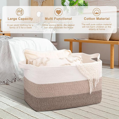 OIAHOMY Extra Large Blanket Basket, 95L Woven Storage Basket, Cotton Rope Toy Bin for Baby Room, Container for Storage in Living Room, 24''×17''×14'', Gradient Brown
