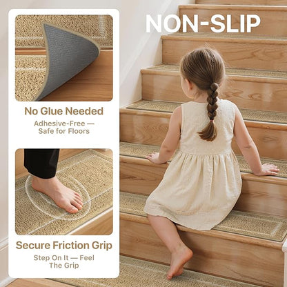 Non Slip Microfiber Stair Treads for Wooden Steps, 15PCS 8"x30" Indoor Safety Carpet, 3D Cut & Loop Tufted Edging Mats with TPE Adhesive Backing, Pet & Elderly Friendly Stair Rugs (Tan Border)