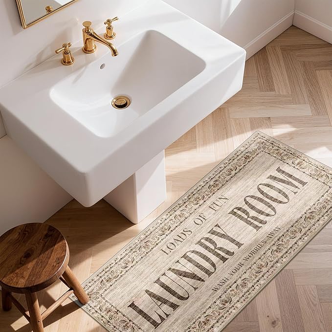 RUUGME 20x48 Laundry Room Rug Runner - Non Slip Washable Carpet for Mudroom Washroom Soft Stain Resistant Carpets Durable Low Pile Farmhouse Decor Floor Mat for Bathroom 20"x48" Natural Wood Brown