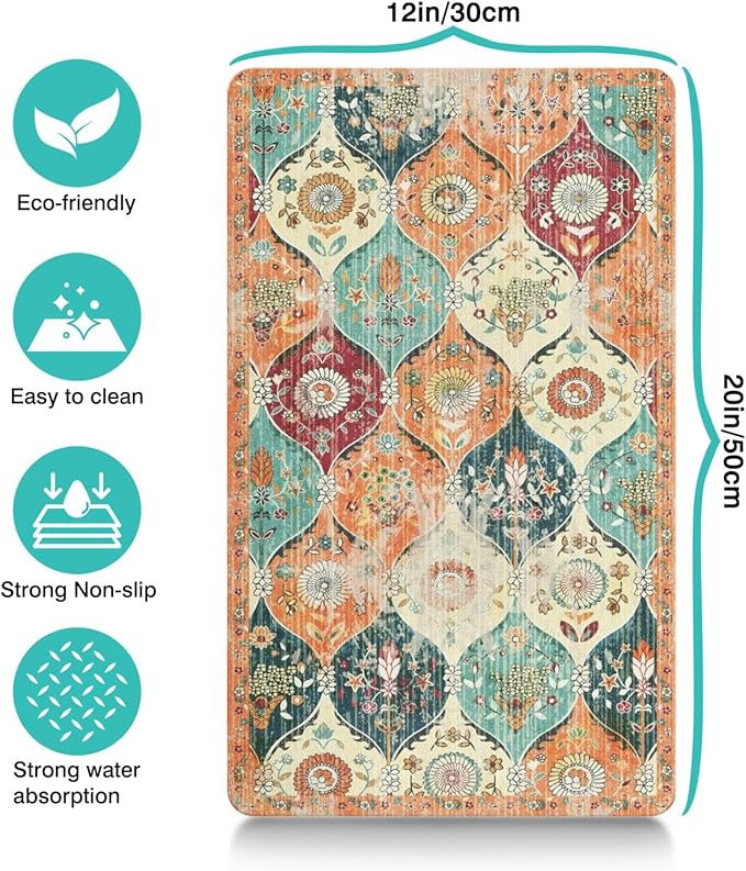 Dog Food Mats for Floors Absorbent, Cat Food Mat - Pet Cat Feeding Mat Quick Dry, Dog Bowl Mats for Water, Pet Supplies Feeding Placemat 12" x 20" Orange Boho