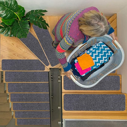 RIOLAND Stair Treads Carpet Non-Slip Indoor Stair Runners for Wooden Steps, Stair Rugs for Kids and Dogs, Set of 15, 8" X 30", Gray