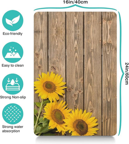 Dog Food Mats for Floors Absorbent, Cat Food Mat - Pet Cat Feeding Mat Quick Dry, Dog Bowl Mats for Water, Pet Supplies Feeding Placemat 16" x 24" Wood Grain Sunflower