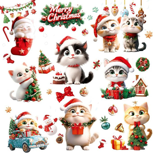 Christmas Window Clings Cat Stickers for Window Glass, 9 Sheets Xmas Decorations Christmas Cat Tree Bells Decals for Holiday Party(Cat2340)