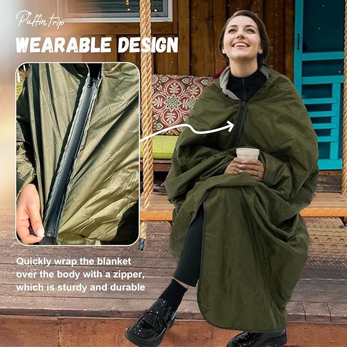 Wearable Warm Camping Blanket Waterproof Windproof Quilted Fleece Stadium Outdoor Blanket with Portable Bag for Cold Weather Camping Picnic Sports Pet Beach Travel Car 79*55 inches Black including Hat