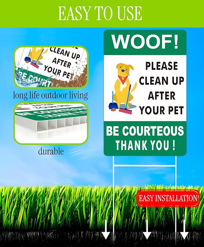 3X Double Sided 12x8 Please Clean Up After Your Pet Sign - Lawn Fun Pet Plastic Signs - Collect Dog Poo and Don't Wet Also No Dogs Poo for the Yard - Signs to Curb Your Dog with Metal H-Shaped Stakes