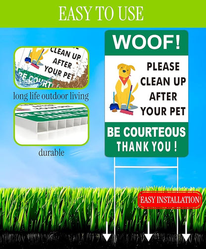 3X Double Sided 12x8 Please Clean Up After Your Pet Sign - Lawn Fun Pet Plastic Signs - Collect Dog Poo and Don't Wet Also No Dogs Poo for the Yard - Signs to Curb Your Dog with Metal H-Shaped Stakes