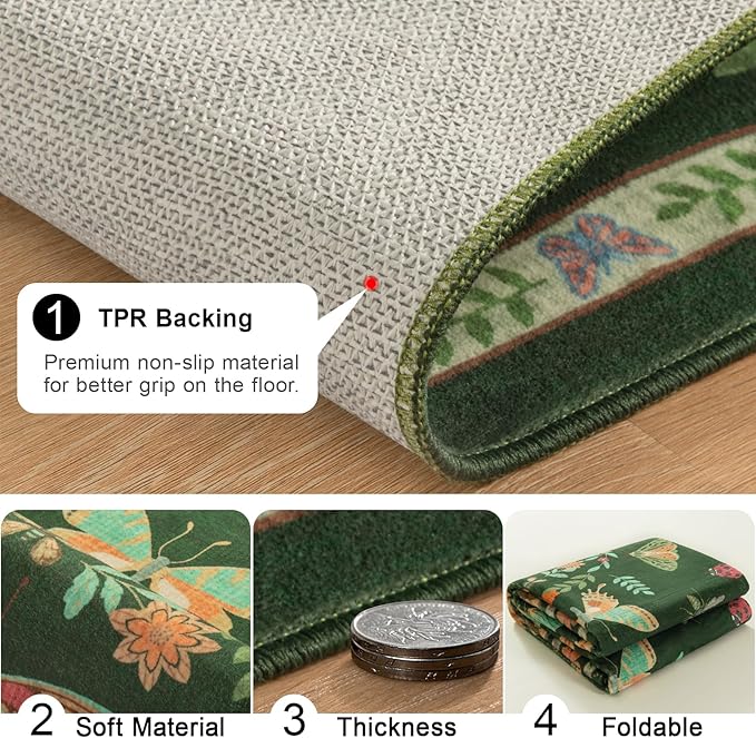 Unirea 2x6 Dark Green Runner Rug, Washable Non Slip Insect Botanical Rug for Hallway, Kitchen, Bathroom, Laundry Room, Entryway, Bedroom, Soft Boho Door Mat Indoor Entrance Bug Rugs, Low Pile Carpet