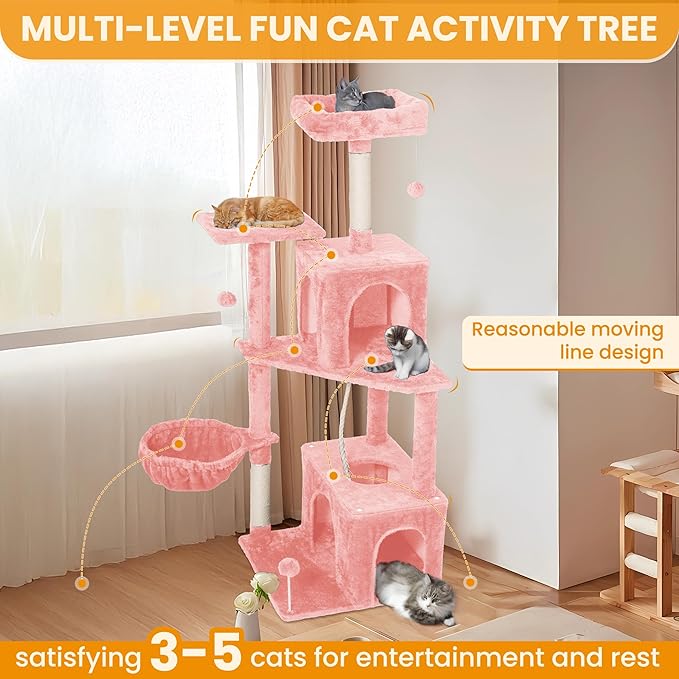 Cat Tree, 54-Inch Cat Tower for Indoor Cats, Soft Plush Multi-Level Climbing Cat Condo with Scratching Posts, Basket, Perches,2 Caves,2 Pompoms Play House for Cat(Pink)