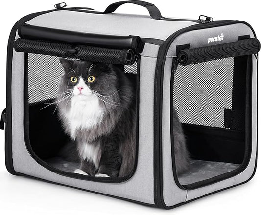 Pecute Dog Car Carrier Light Weight 19.7×16.9×14.8in, Dog Carrier Easy to Assemble, Dog Car Crate Portable and Breathable,Pet Carrier for Indoor and Outdoor, Dog Travel Crate with Curtain Gray