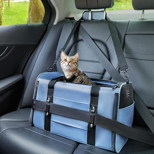 PETSFIT Soft-Sided Cat Carrier with Patented Safety Buckles, Lockable Zippers & Safety Tether,Escape-Resistant Travel Pet Carrier for Car Rides & Vet Visits, Airline Approved Under-Seat, Up to 12 lbs