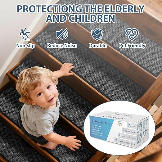 Peel and Stick Stair Carpet Treads for Wooden Steps,15 Pack Indoor Black Stair Mats, Basement Safety Stick On Stair Rug Step Pads for Pet Dog, Elders and Kids